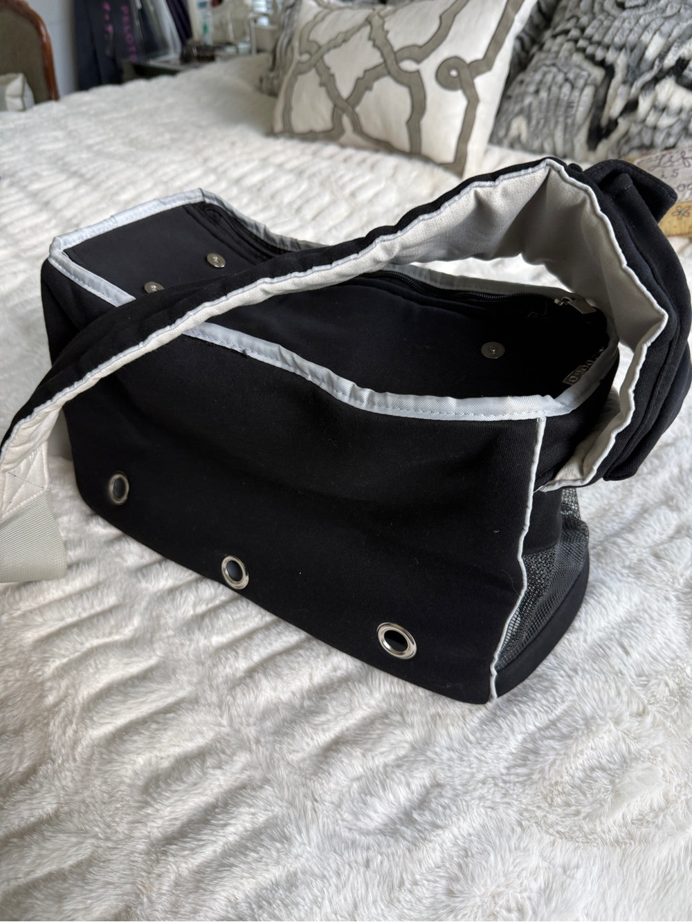 Black and White Pet Sling Carrier — Comfortable Hands-Free Dog Travel Bag